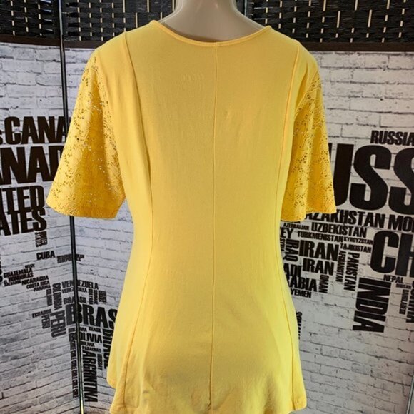 Denim & Co.Yellow V-Neck Short Lace Sleeve Top - Picture 4 of 6